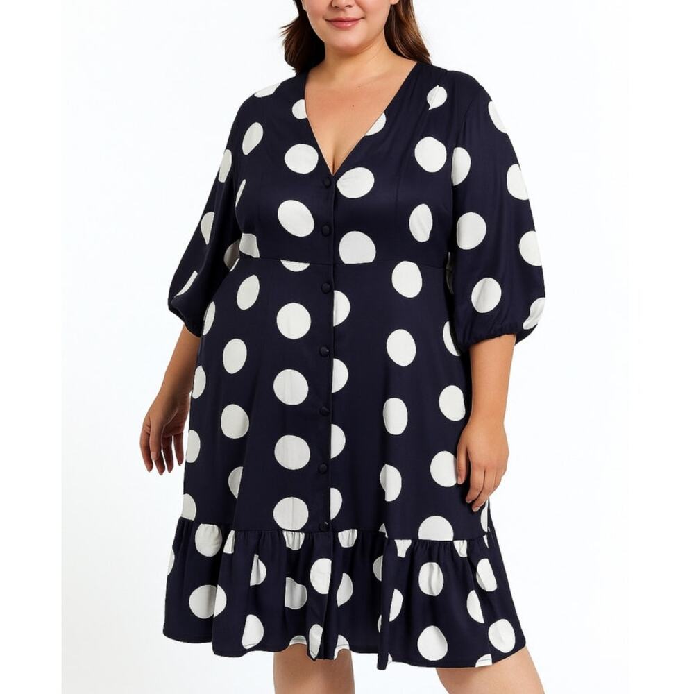 Faeriesty Polka Dot Midi Shirt Dress XXL Navy Romantic Old Money Tea Party